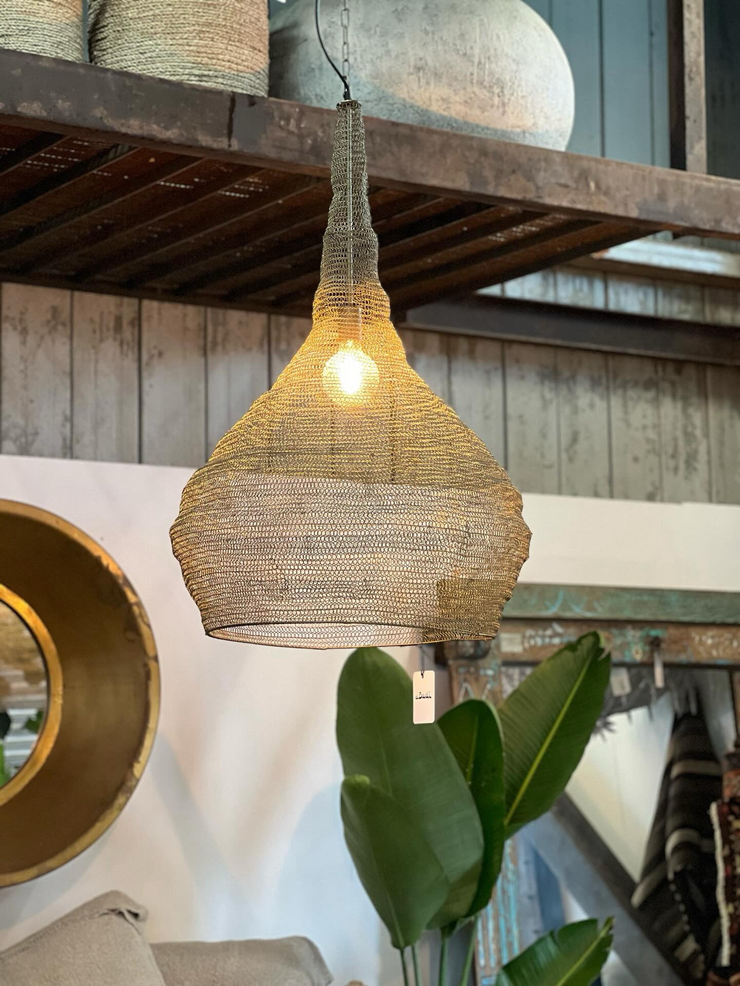 Artisan-made brushed brass wire pendant light